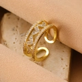 Adjustable 18K gold-plated ring featuring hollow heart chain and micro-set zircons - Gold Heart Chain Open Ring (4776)