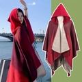 Poncho à capuche ethnique en maille dégradé rouge avec franges pour look voyage extérieur - Couleur 6
