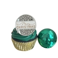 Close-up of a Christmas cupcake topper with Merry Christmas text on a green cream cake - Silver Christmas Tree Double Layer
