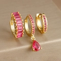 Macro shot of 3-piece gold plated earring set with deep pink teardrop and rectangular stones - Three-Piece Set / Gold - Rose Red Zirconia