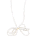 Detailed view of sweet white beaded bowknot jewelry with a gold center bead accent - White Seed Bead Woven Bow Necklace (WG-0016) / White
