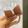 Deep brown bow hair scrunchie with white scalloped embroidery edges for girls - Coffee Bow
