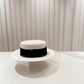 Detail of French boater straw hat with black ribbon and embedded pearl accents - M (56-58cm) / White (Pearl Ribbon with Label)