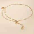 Detailed macro view of a gold chain belt with white woven ribbon and three rose charms - Gold with White Rope