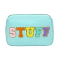 Trousse cosmétique en nylon turquoise avec patchs de lettres STUFF pailletés - 5 Lettres STUFF / Rose bonbon