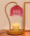 Pink lily of the valley glass wax melt lamp with gold metal stand and wooden base - Deep Pink Glass Shade + Log Color Base / Knob Dimming / US Plug