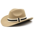 Dettaglio del cappello di feltro color kaki con nastro decorativo a righe bianche e nere - M (56-58cm) Regolabile / Cammello