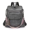 Gray vintage faux leather backpack for women with colorful strap and tassel detail - Gray