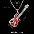 Silver stainless steel guitar necklace with red enamel pendant and detailed dimensions - Guitar No.26 + 70cm Steel Chain