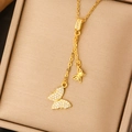 Titanium steel gold Y-necklace featuring double butterfly pendants with pavé crystals - Gold Double Butterfly Zirconia Y-Shaped Necklace (JM2096)