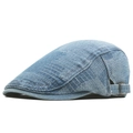 Donkerblauwe platte pet van denim met ruittextuur en vintage metalen verstelgesp - Lichtblauw