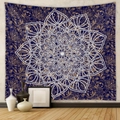 Close-up of bohemian mandala tapestry featuring golden paisley patterns on dark blue fabric - 73X95CM / Navy Blue Mandala (Brushed)