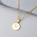 18K gold plated necklace with round white shell pendant featuring the letter U - Letter U Style / Gold