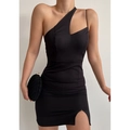 Detail of slim fit black dress with one-shoulder cutout and side slit design - S / Black
