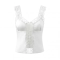 Elegant white satin camisole featuring delicate lace trim and button-front detailing - S / White
