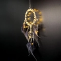 Handmade grey double-ring dreamcatcher with warm LED fairy lights and soft feathers - Gray with LED Light