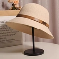 Elegant beige woven sun hat featuring a stylish brown leather band with golden buckle - M (56-58cm) Adjustable / Beige