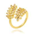 Macro shot of gold leaf ring with micro-paved rectangular zircons on a white background - Adjustable Open / Leaf with Rectangular Zirconia Design (J-1203)