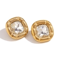 Square gold earrings featuring transparent cubic zirconia in a radial textured setting - Earrings-Gold-White Zircon