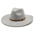 Detail of the light grey fedora featuring a brown leather band and gold metal buckle - M(56-59CM) / Light Gray