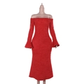 Detail of red long-sleeved dress with textured faux fur off-the-shoulder neckline on mannequin - S / Red