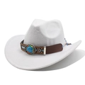 Close-up of bohemian leather band with turquoise stone on white western felt cowboy hat - M (56-58cm) / White