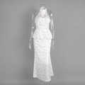 Detail of floral halter neck long dress featuring ruffled waist and floor-length skirt - S / White