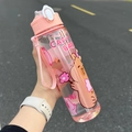 Pink Capybara water bottle with straw and portable strap for students - Transparent Pink (New)