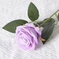 Single artificial purple rose with green leaves on white knitted background textile - Light Purple (Velvet Version)