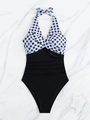 Flat lay of halter neck one-piece swimsuit with gingham pattern and waist ruching detail - S / Gingham with Black