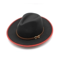 Detail of black fedora hat featuring red stitched brim and brown leather belt with gold buckle - M(56-58cm) / Black