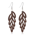 Detailed view of dark brown leaf-shaped wooden earrings with metal hooks on white surface - Style 63