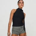 Detail of a black halter neck sleeveless top featuring a chic tie-neck design for women - S / Black