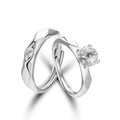 Adjustable S925 silver couple ring set featuring geometric faceted bands and diamonds - Geometric Cut Solitaire