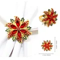 Golden flower napkin ring with red rhinestones and emerald green crystals decoration - Vintage Red Flower Style 120