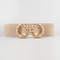 Beige elastic wide waist belt for women with interlocking gold buckle for dresses - Khaki Gold Buckle / 75cm