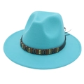 Detail of turquoise wool fedora with bohemian metal studded leather hatband - Lake Blue