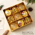 Set de 9 bolas de Navidad doradas con diseño de Papá Noel y malla en caja de regalo - Dorado