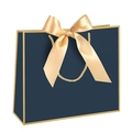 Navy blue paper gift bag with gold trim, golden ribbon bow and twisted rope handles - Gold Frame Navy Blue; Horizontal Extra Small Size 19*15*7 Mm Ribbon Style.