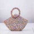 Handgefertigte mehrfarbige Perlenhandtasche mit rundem Griff im Vintage-Webstil - Bunt