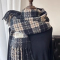 Classic thick plaid scarf in black, white, and brown check with long tassels - Tian Grid Black