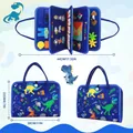 Detailed view of the dinosaur felt busy board dimensions showing the closed and open size - Blue Dinosaur Learning Board / 24*28