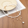 Elegant multi-layer pearl necklace with golden chains and teardrop pendant charm - Gold Multi-Layer Pearl Teardrop Necklace