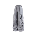 Pantaloni cargo grigi a vita alta con tasche ampie e orlo regolabile con coulisse - M / Grigio Medio