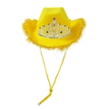 Chapeau de cowboy jaune pour fête avec bord en plumes et détail de couronne en strass - Adulte 58CM / Plume Jaune Avec Fil d'Argent
