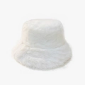 White fluffy faux fur bucket hat with soft plush texture for winter outdoor warmth - White