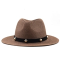 Detail of coffee brown straw fedora featuring woven texture and golden metal rivets - M (56-58cm) / Brown