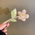 Elegant pink floral hair claw clip with crystal rhinestones and green leaf accents - Gold Rhinestone Pink Green Enamel Flower Style (19#)