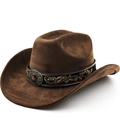 Brown suede western cowboy hat with embroidered vine strap and oval gemstone buckle - M (56-58cm) / Coffee