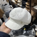 Detailed shot of white hollow lace newsboy hat with square rhinestone accent on the side - M (56-58cm) / White